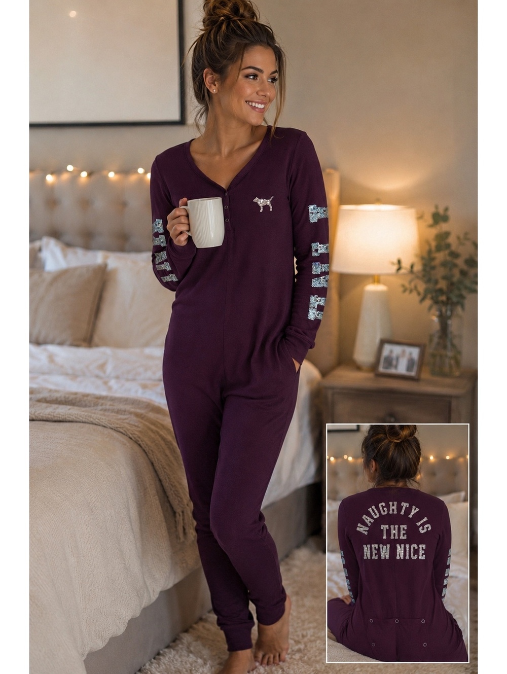 Victoria’s Secret PINK Thermal One-Piece Pajama Jumpsuit Burgundy Plum Size S/P